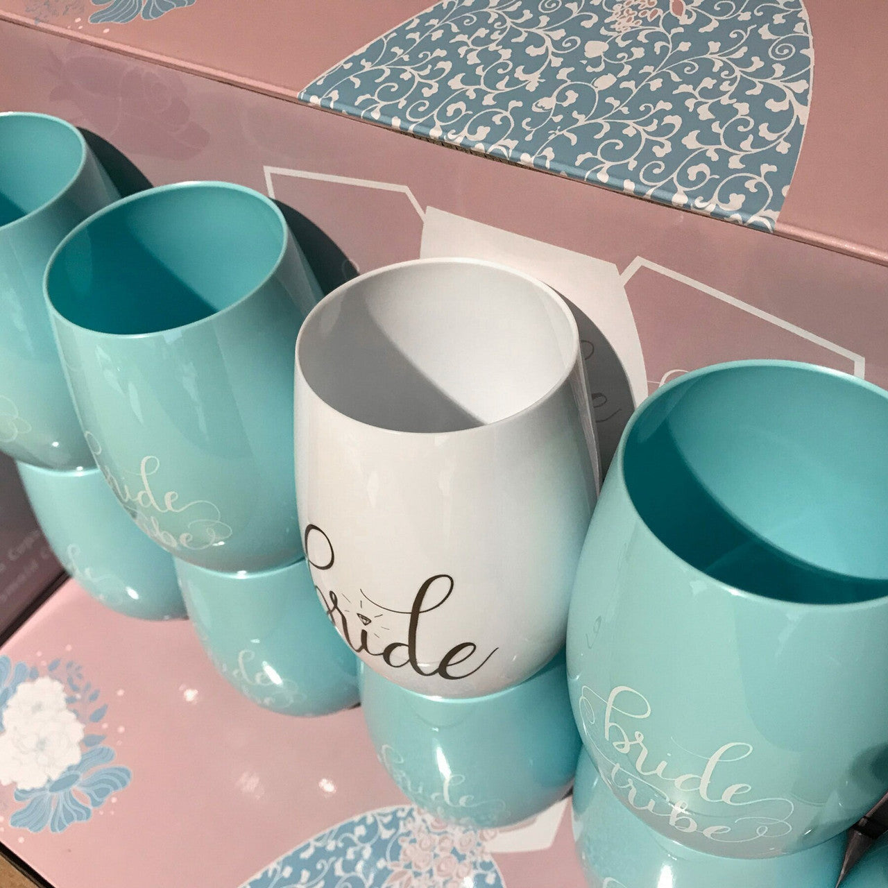 10 Blue Stemless Wine Cups 1 Bride + 9 Bride Tribe Glasses Blue White plastic bachelorette 10 Set
