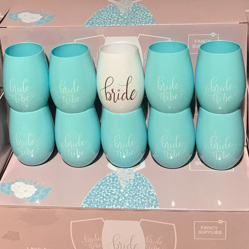 10 Blue Stemless Wine Cups 1 Bride + 9 Bride Tribe Glasses Blue White plastic bachelorette 10 Set