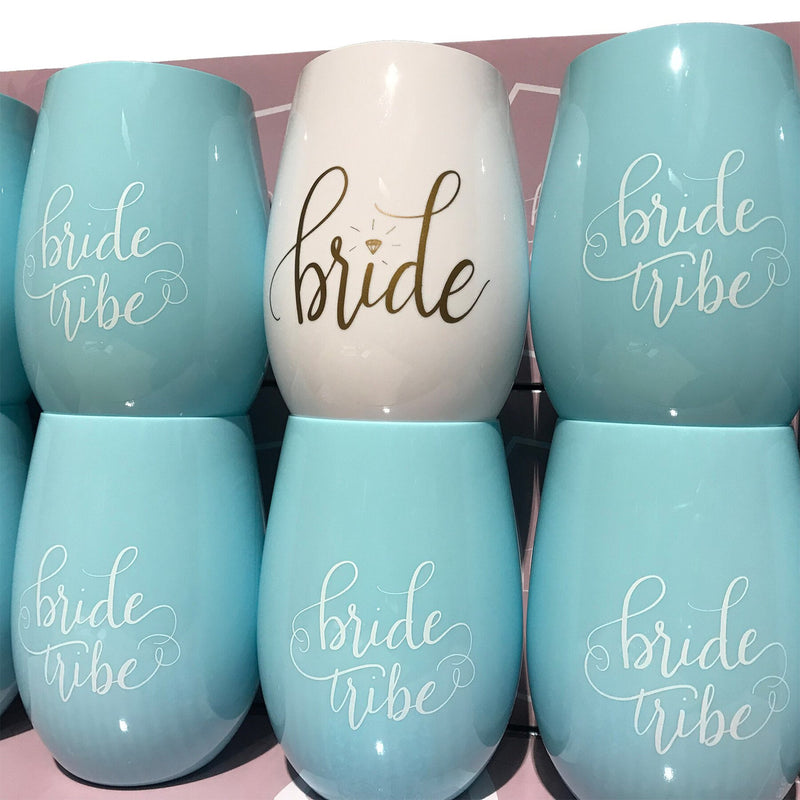 10 Blue Stemless Wine Cups 1 Bride + 9 Bride Tribe Glasses Blue White plastic bachelorette 10 Set