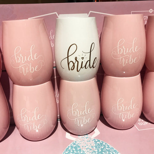 10 Pink Stemless Wine Cups 1 Bride + 9 Bride Tribe Glasses Pink White plastic bachelorette 10 Set