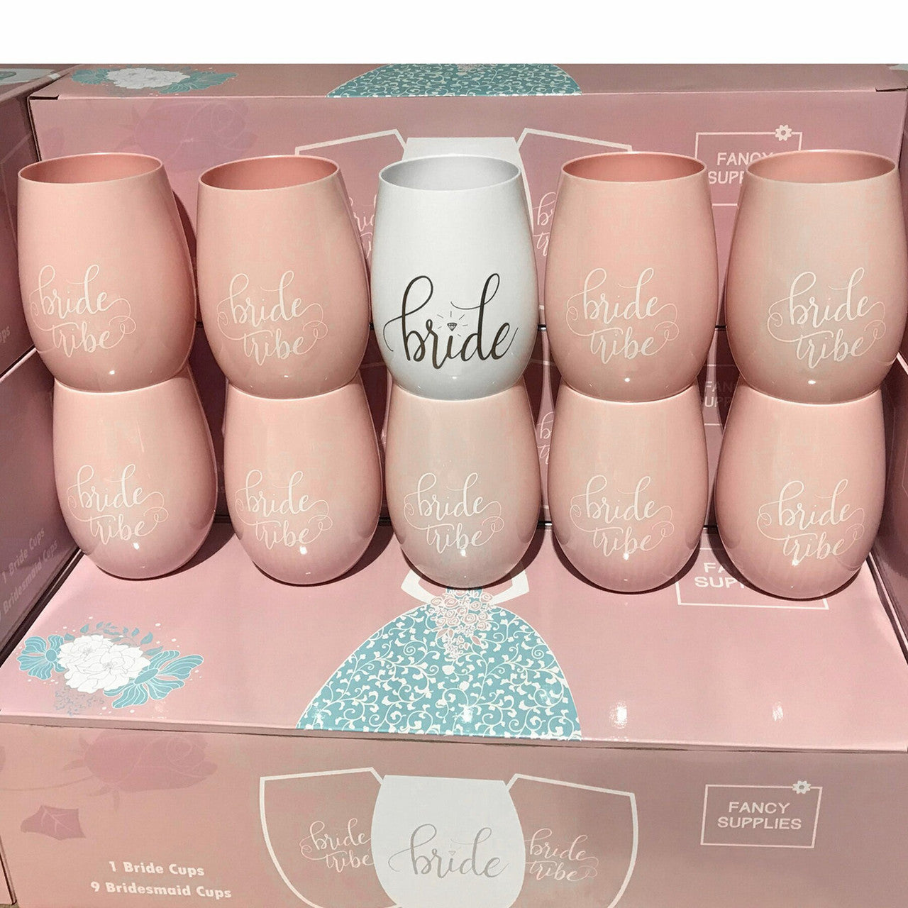 10 Pink Stemless Wine Cups 1 Bride + 9 Bride Tribe Glasses Pink White plastic bachelorette 10 Set