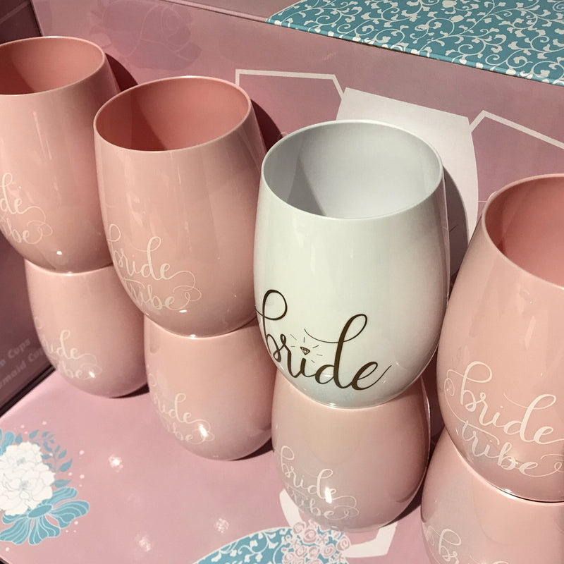 10 Pink Stemless Wine Cups 1 Bride + 9 Bride Tribe Glasses Pink White plastic bachelorette 10 Set